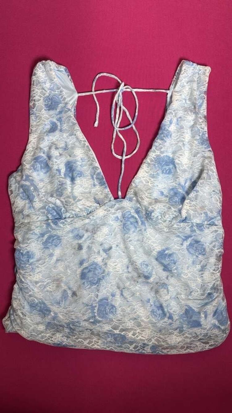 Wild Fable Lace Floral Tank Top – Blue White Tie‑Back Satin Ruched Size XXL